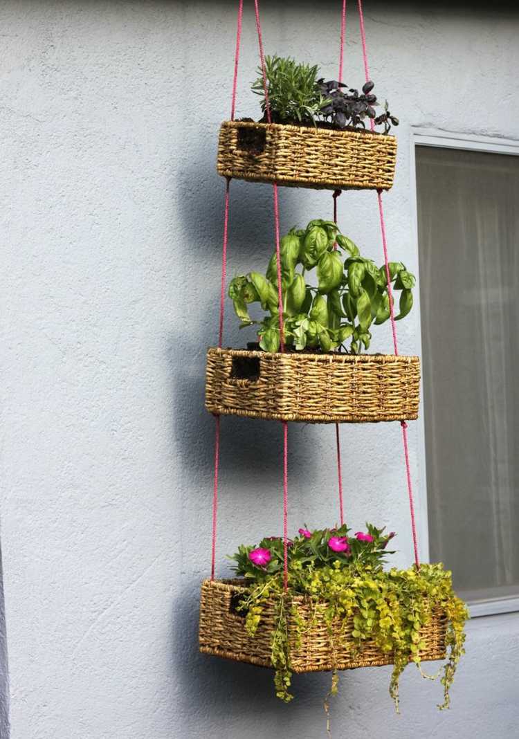 ideias com sacada cestas de plantas verdes flores suspensas flores rosa decoração de parede