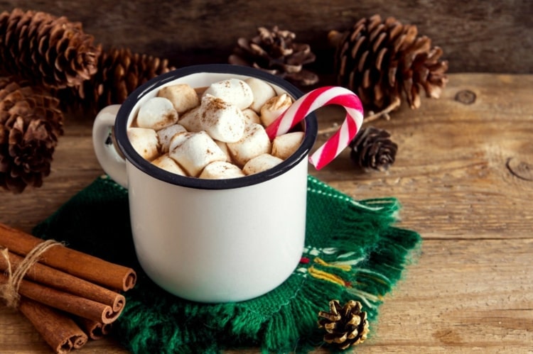 Receita de sopa de boneco de neve para chocolate quente na caneca com bengala