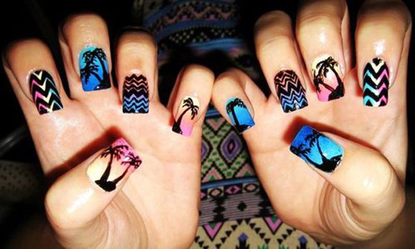 Tropical-motifs-palm-neon-colour-summer-nail-design