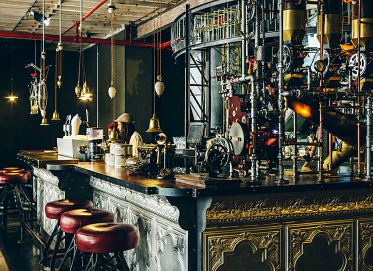 Steampunk bar com interior moderno e lugares legais em Karpstadt