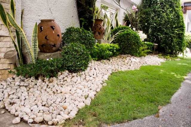 Jardim de pedras pedras brancas planas buxo arco relvado de cânhamo