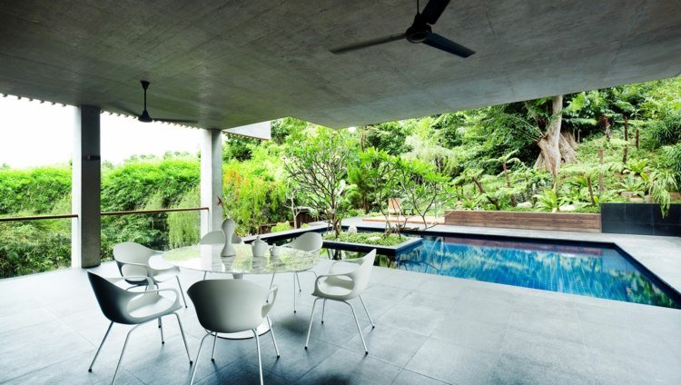 piscina design terraço - pequeno telhado - área de estar