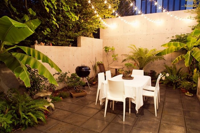 Dicas para terraço-design-restaurante-lugar-luzes de fadas-plantas exóticas