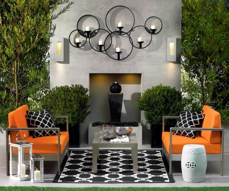 dicas-terraço design-jardim-sala de jantar-moderno-assentos-estofamento-laranja-deco-preto-branco