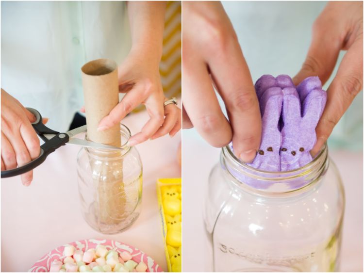 Faça você mesmo a decoração da mesa em conserva, pote de cozinha, rolo, tesoura, roxo, marschmallow, coelhinho da Páscoa