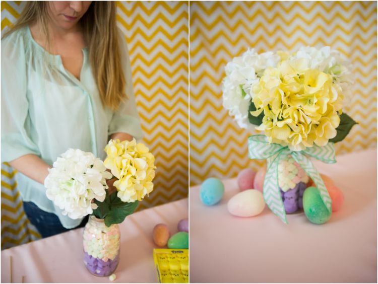 decoração de mesa-faça-você-mesmo-colorido-ovos-de-páscoa-flores-artificiais-branco-amarelo-colorido-marschmallow-roxo-coelhinhos da páscoa