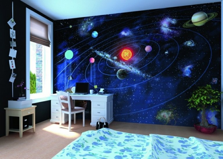 pintura de parede espaço infantil sistema solar planetas menino ideia