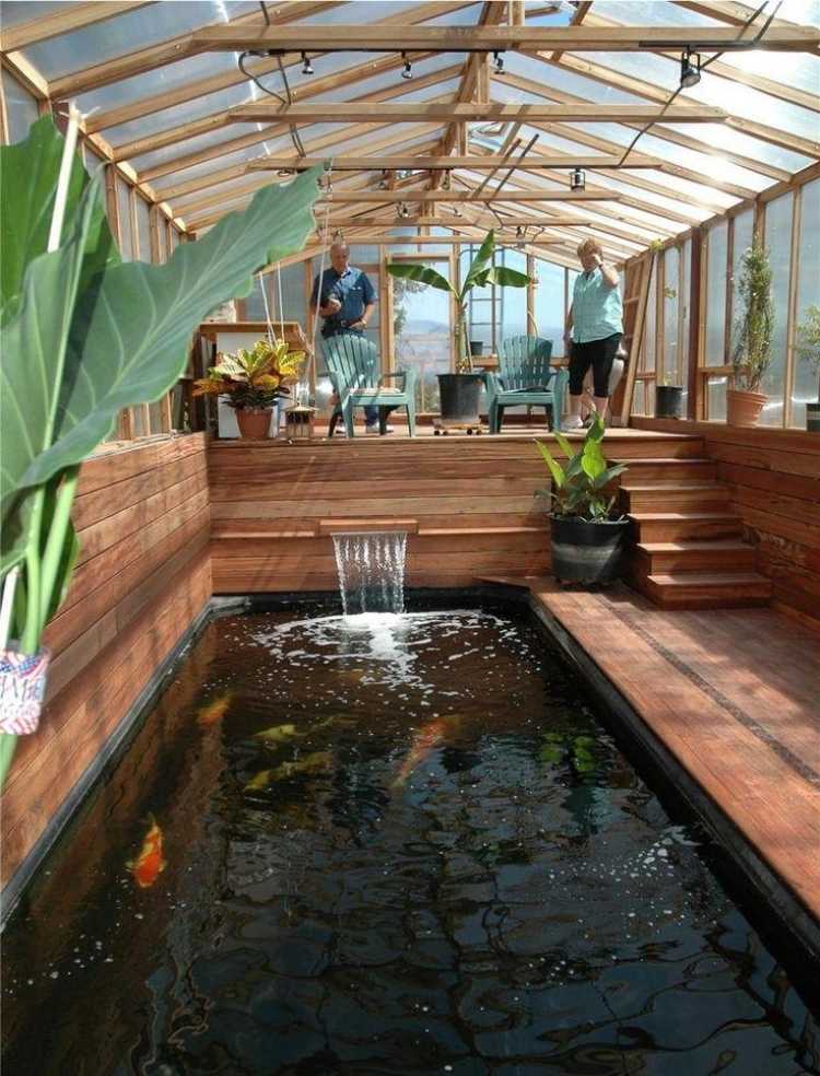 Conservatory-wood-build-yourself-tips-pond-koi-fish-wood-floor plants