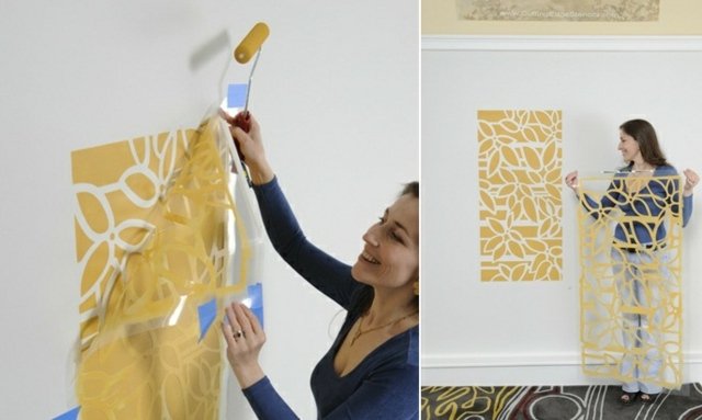 Pintura de parede amarelo branco aplicar pincel de estêncil de parede