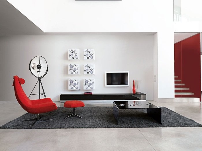 Design-extensão de parede-armazenamento de parede-ideias-elegante-mobiliário-relax-poltrona-vermelho